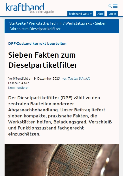 Sieben Fakten zum Dieselpartikelfilter“ (Quelle: krafthand.de)
